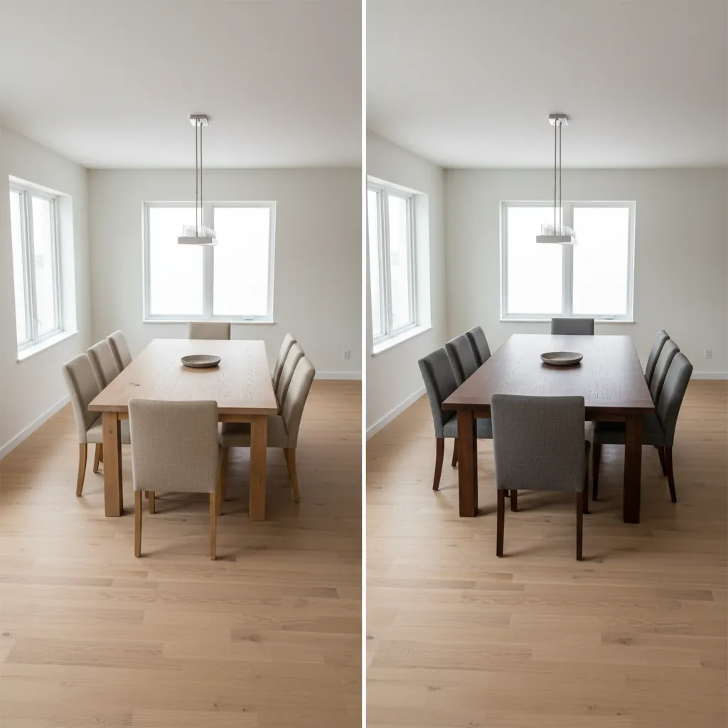 visual comparison between 30 x 60 and 36 x 72 dining tables in dining room layout