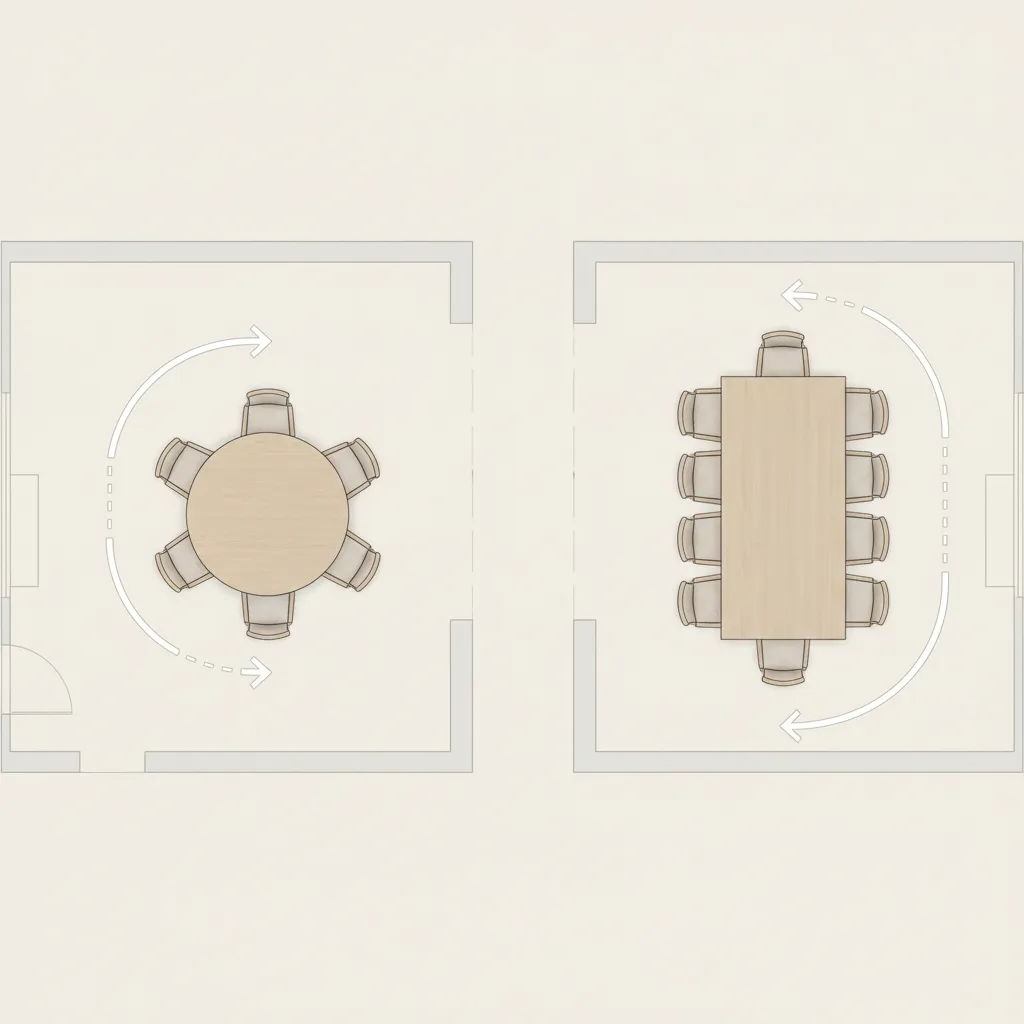 Diagram style comparison of traffic flow around round and rectangular dining tables