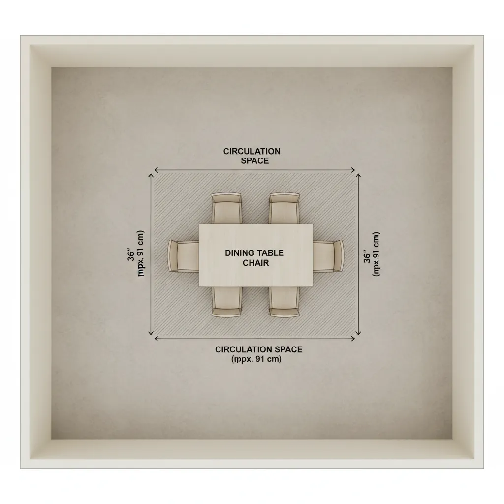 diagram showing dining table walkway clearance around chairs