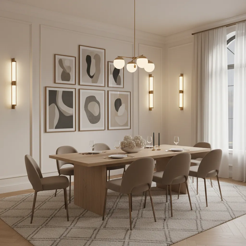 Dining wall art illuminated with picture lights and sconces
