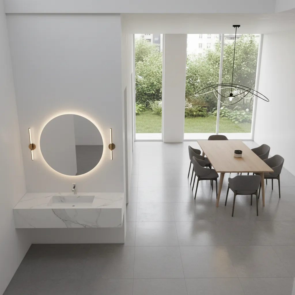 layout showing wash basin placement near dining area