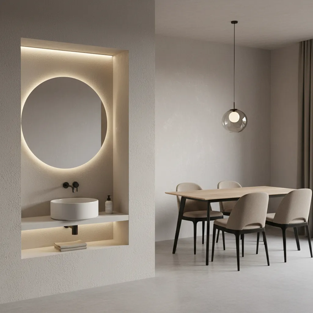 Built-in wall niche wash basin near dining space with mirror and lighting