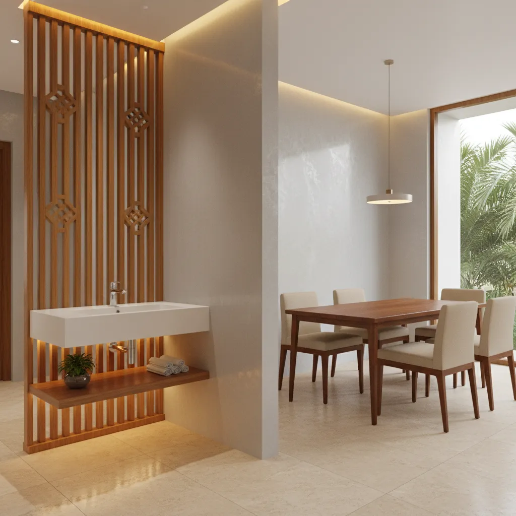 Dining wash basin with decorative wooden partition screen