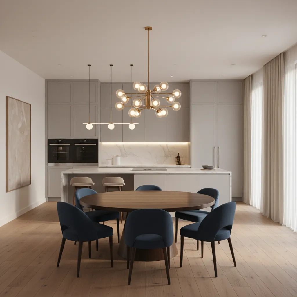 Dining area defined by pendant lighting in open kitchen space