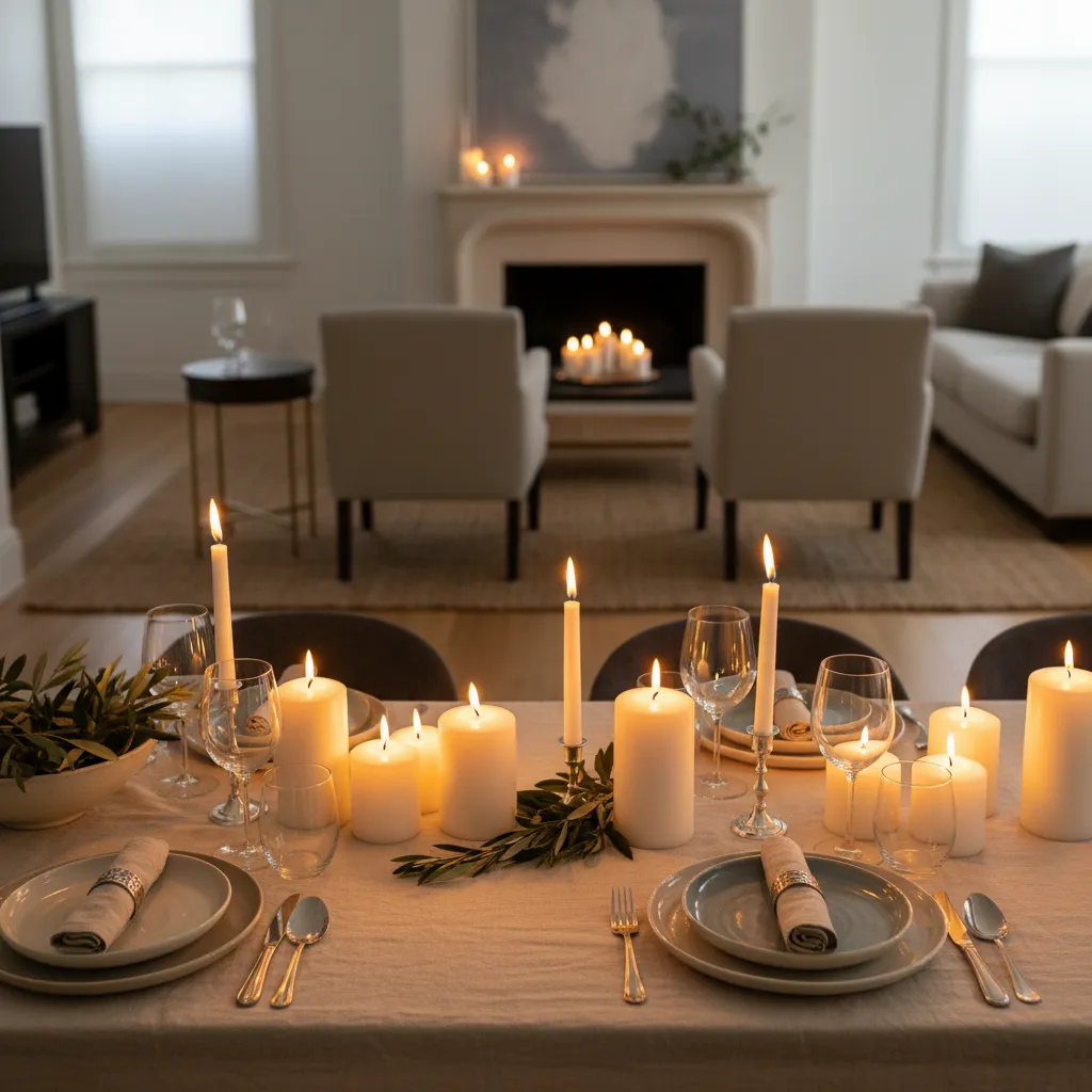 Mesa de cena con iluminación cálida y velas creando ambiente elegante