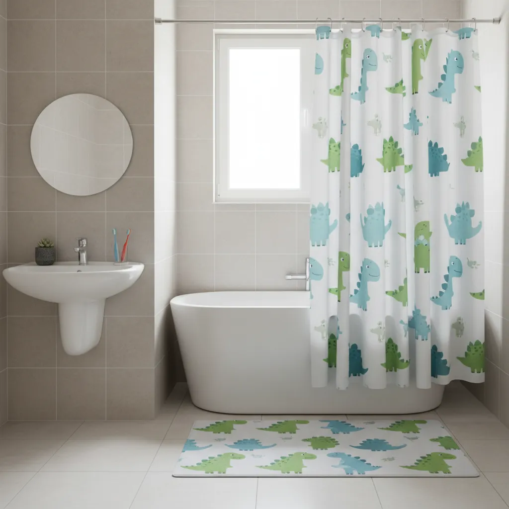 dinosaur shower curtain and bath mat in kids bathroom