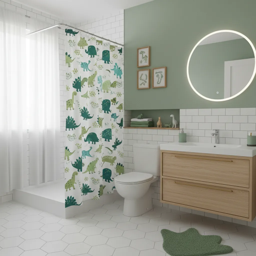 modern kids bathroom with dinosaur theme green colors and playful decor
