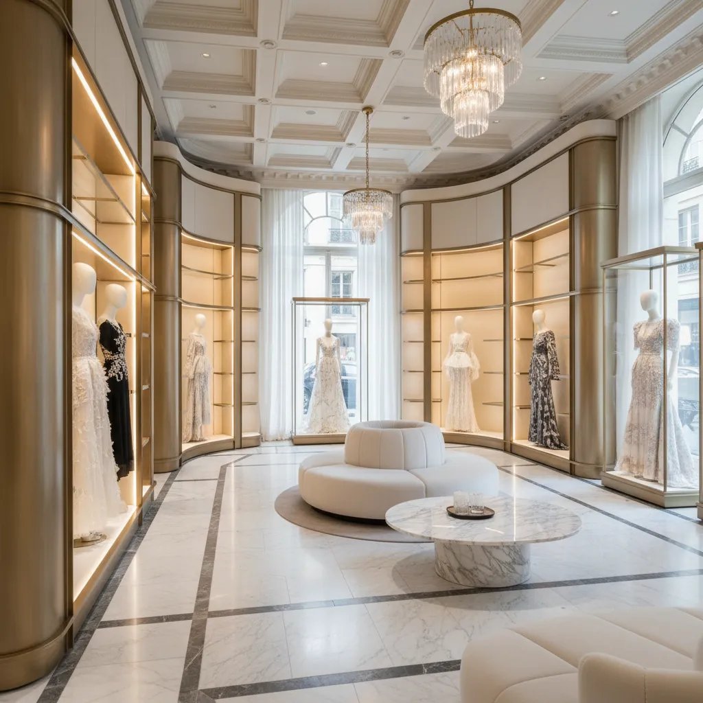 Interior de boutique de lujo inspirado en la estética Dior