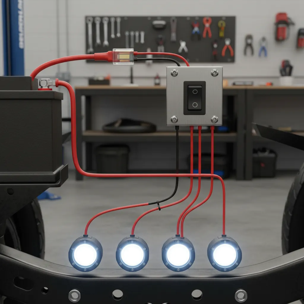 diagram style view of rock lights wired directly to vehicle battery with fuse and switch