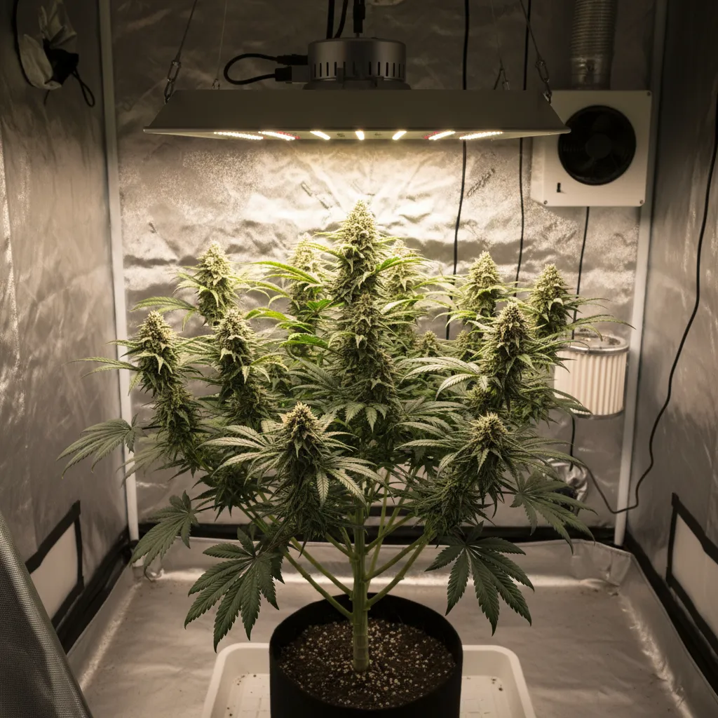 plant buds receiving strong direct overhead lighting in an indoor grow environment