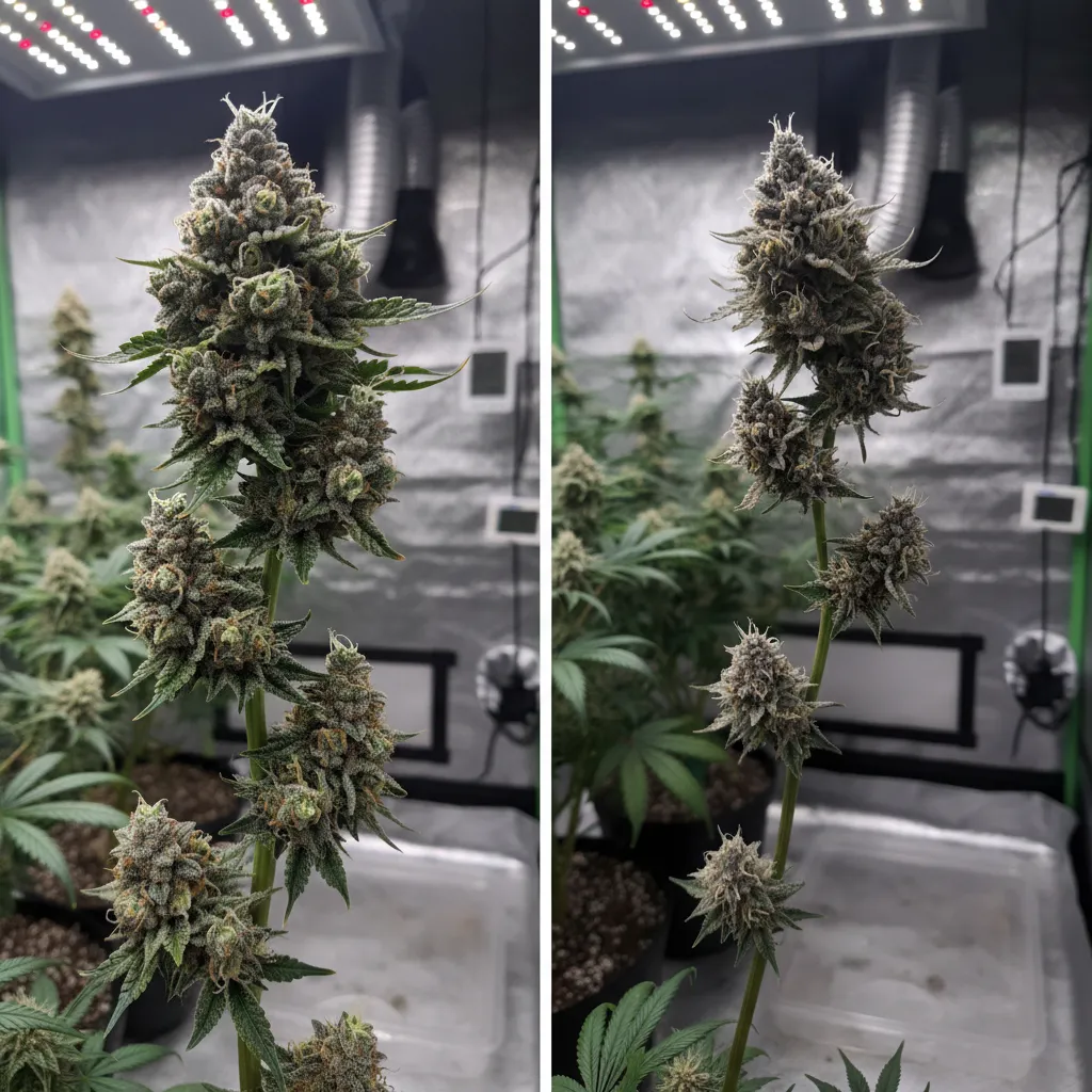 comparison of large dense buds under direct light and smaller airy buds in shade