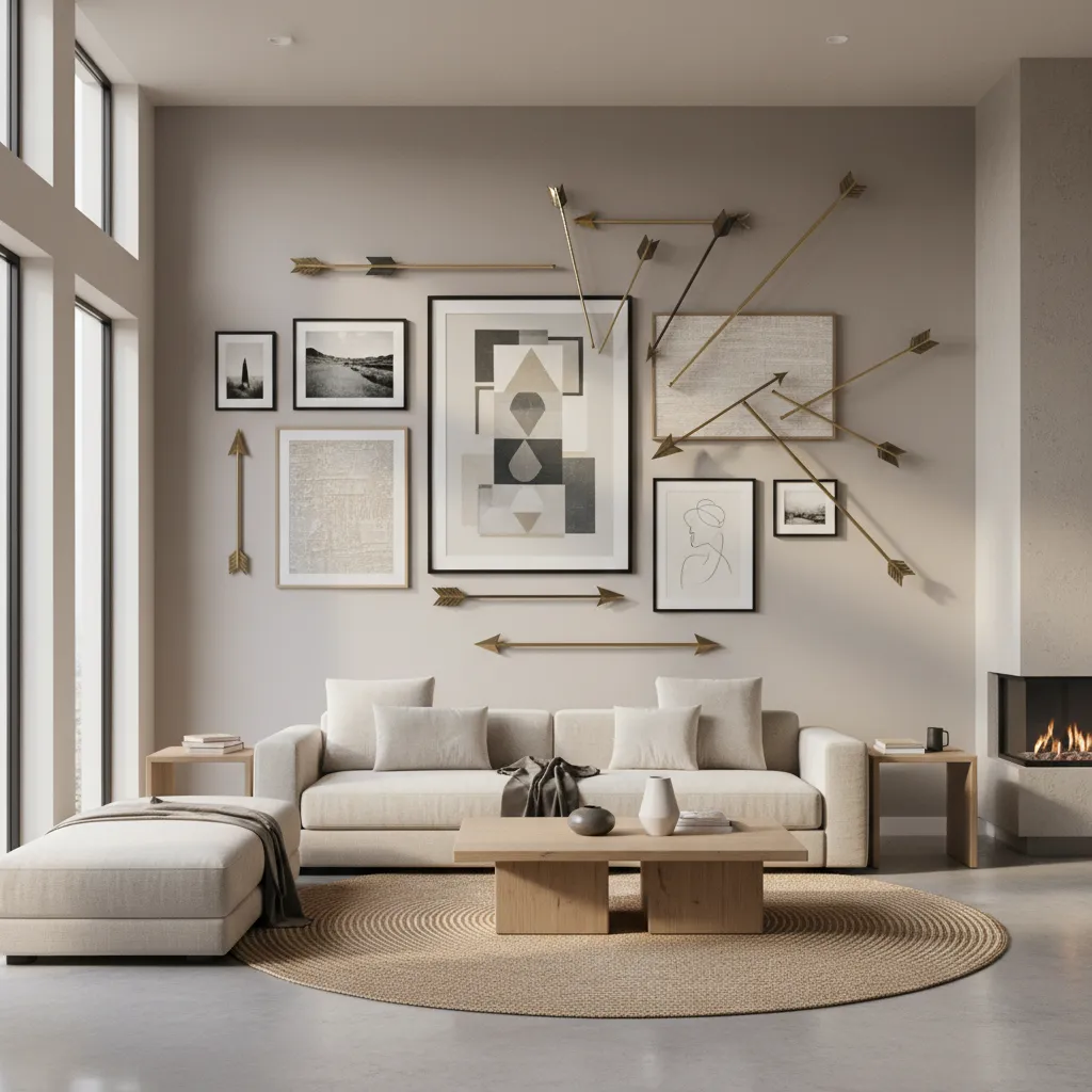 metal arrow wall art pointing toward central framed artwork