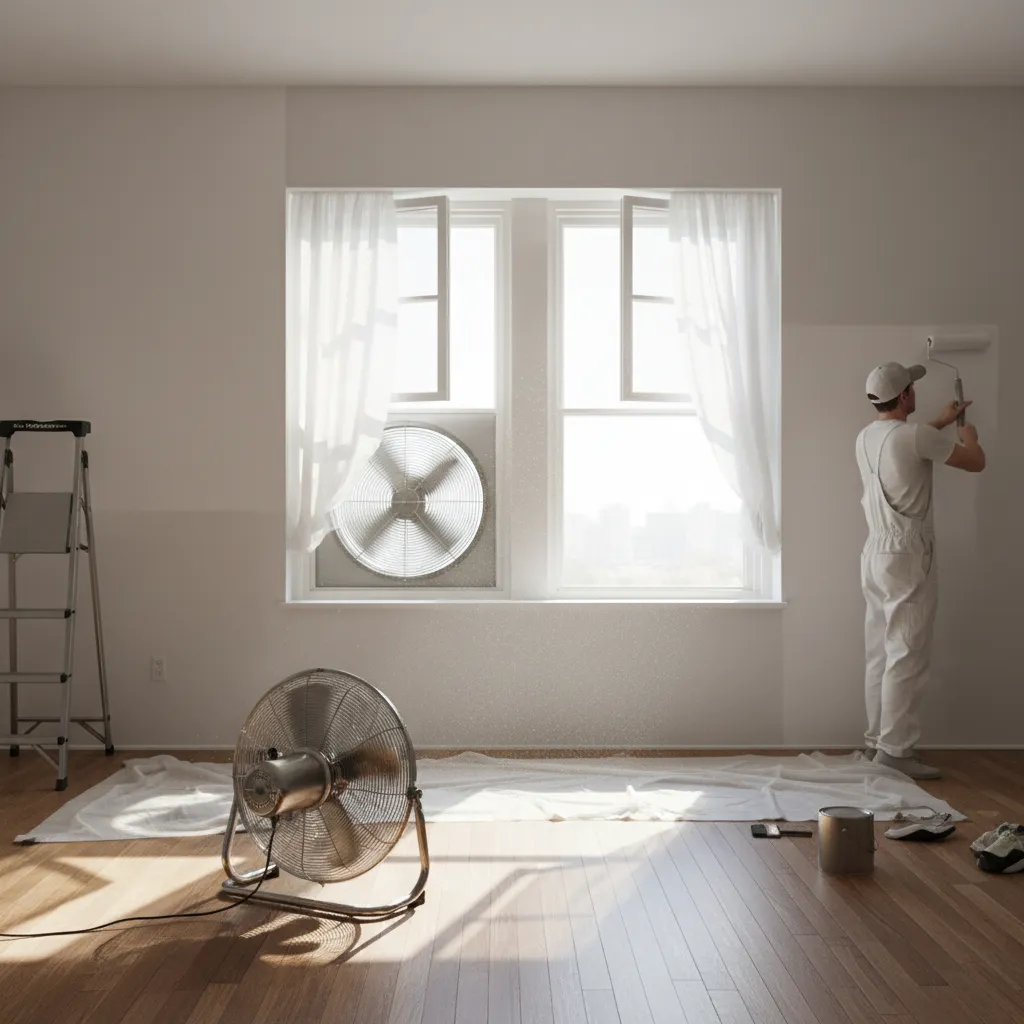 Directional ventilation setup with window fan during interior painting