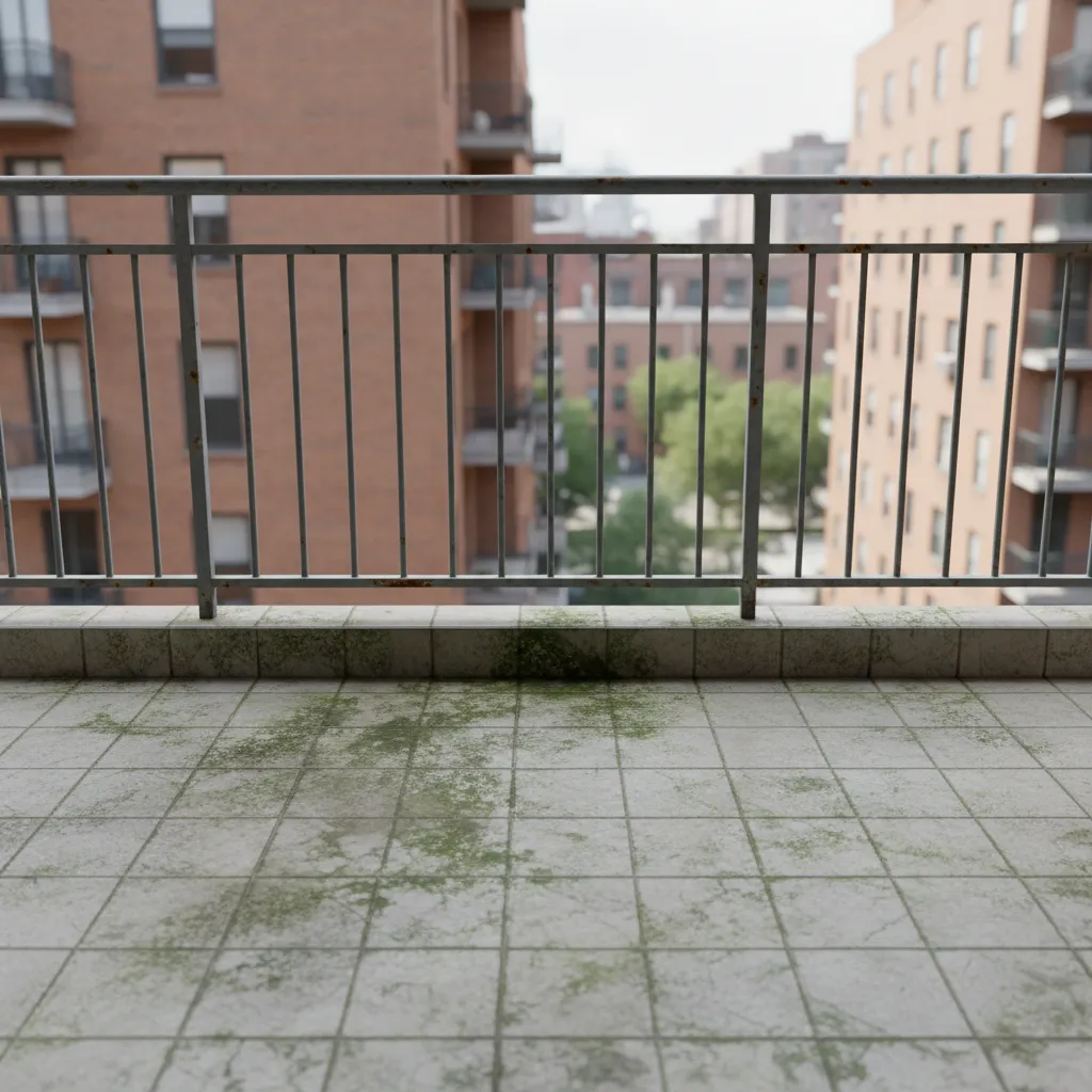 Balcony tile floor with visible algae stains and dirt buildup