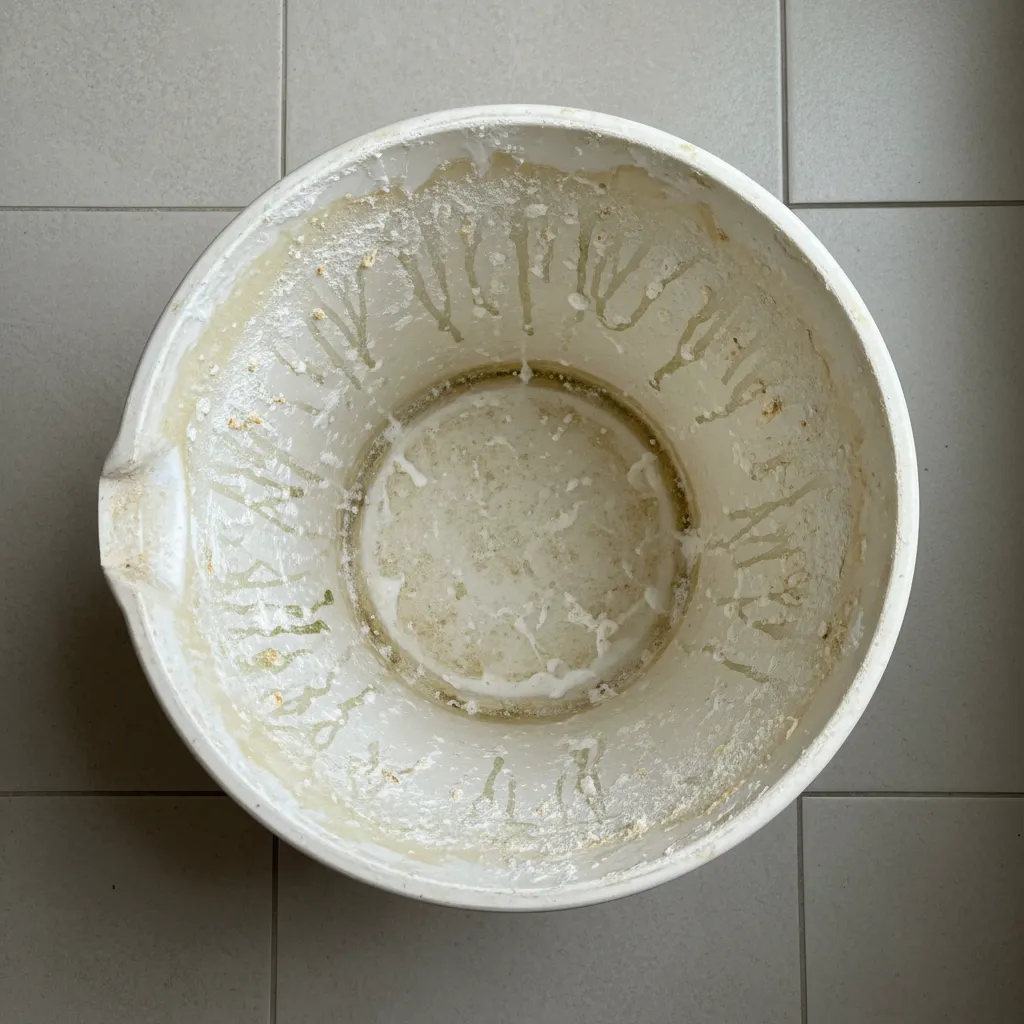 Plastic bathroom bucket with visible soap scum and mineral stains inside