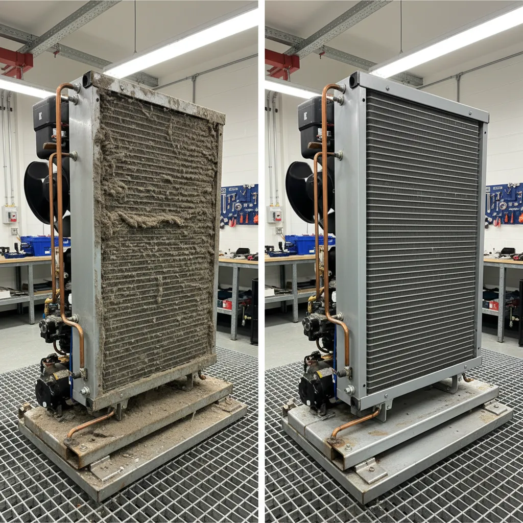 comparison of dusty condenser coil and cleaned refrigeration condenser