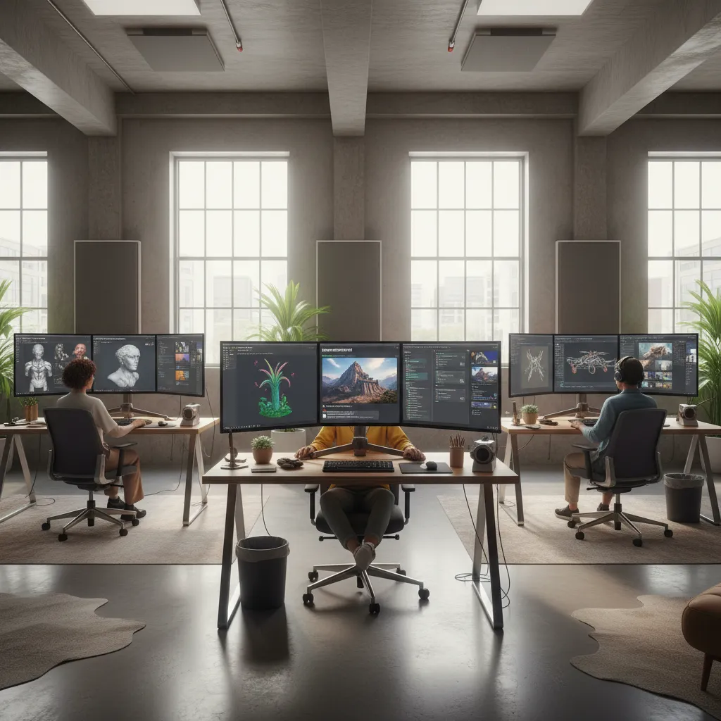 Three people working at long wooden desks with large computer monitors in bright office room