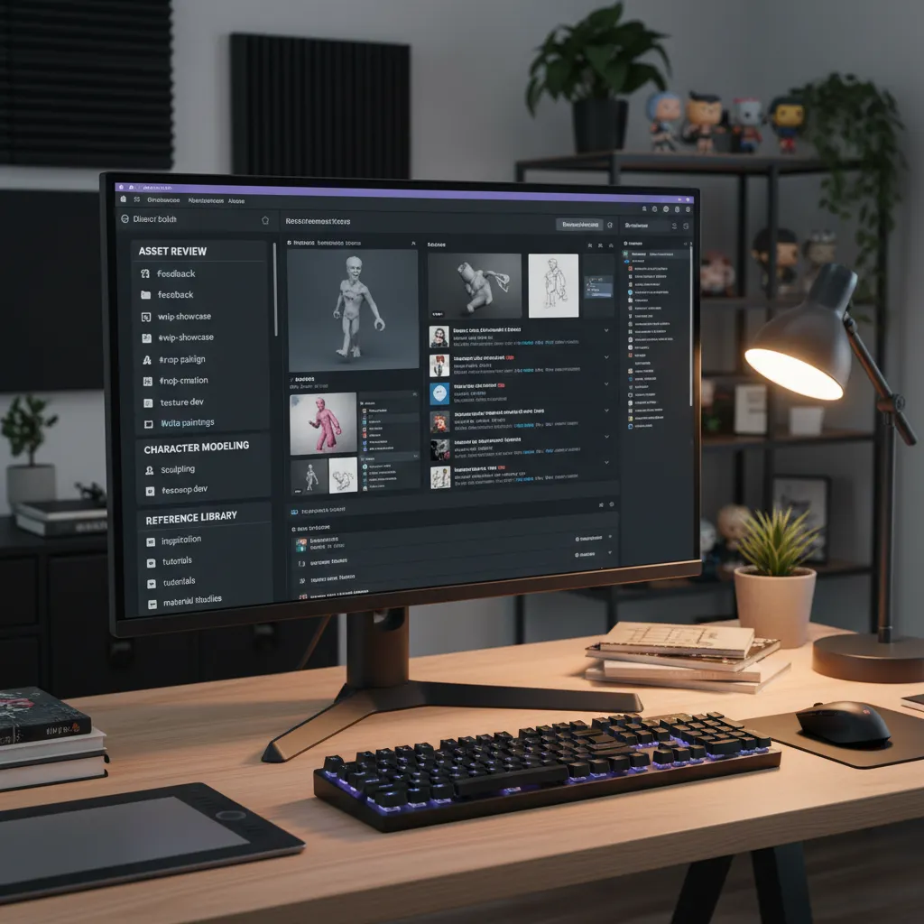 Computer monitor on desk showing software for 3D character modeling with keyboard and desk lamp