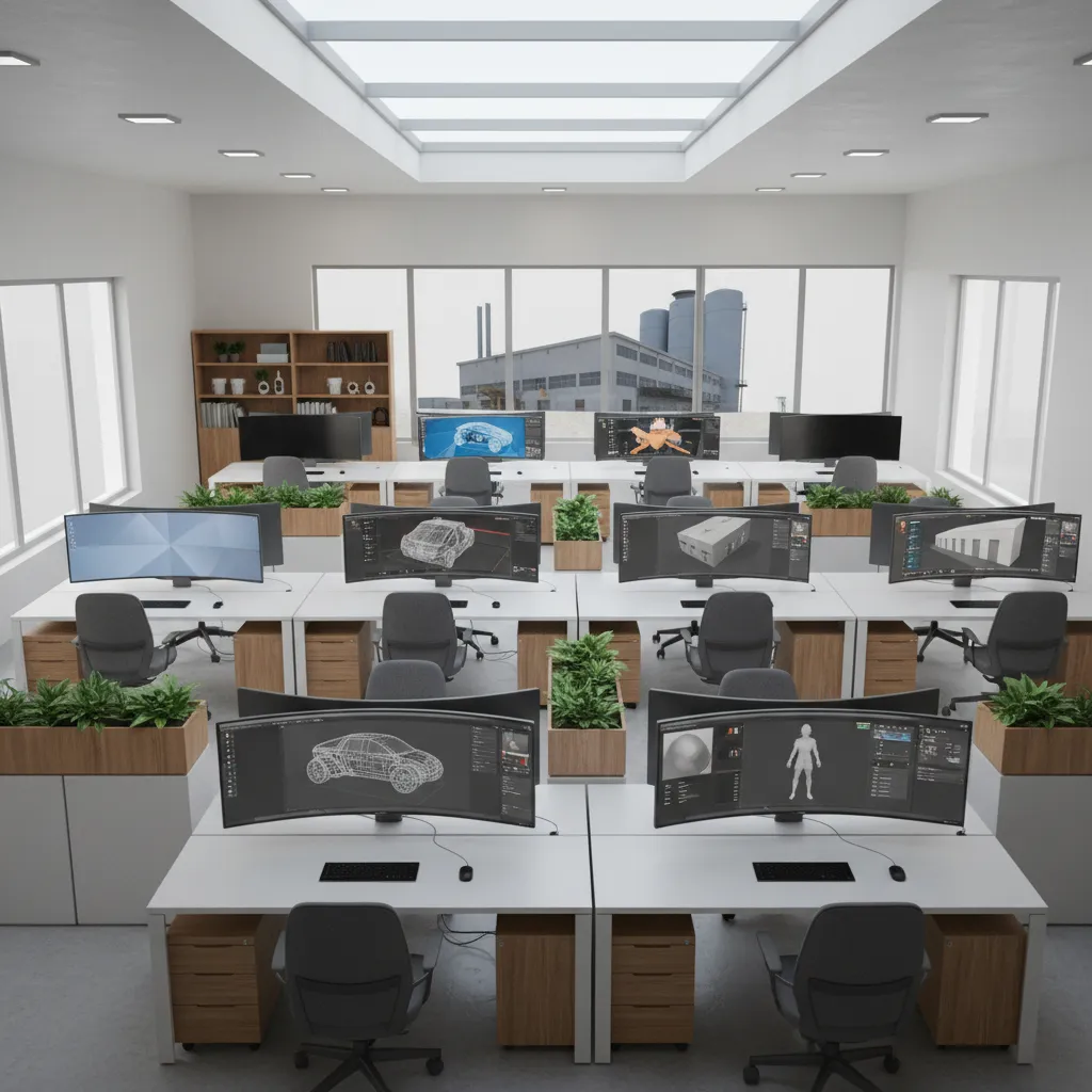 Bright white office space with rows of desks and computer monitors under a large skylight