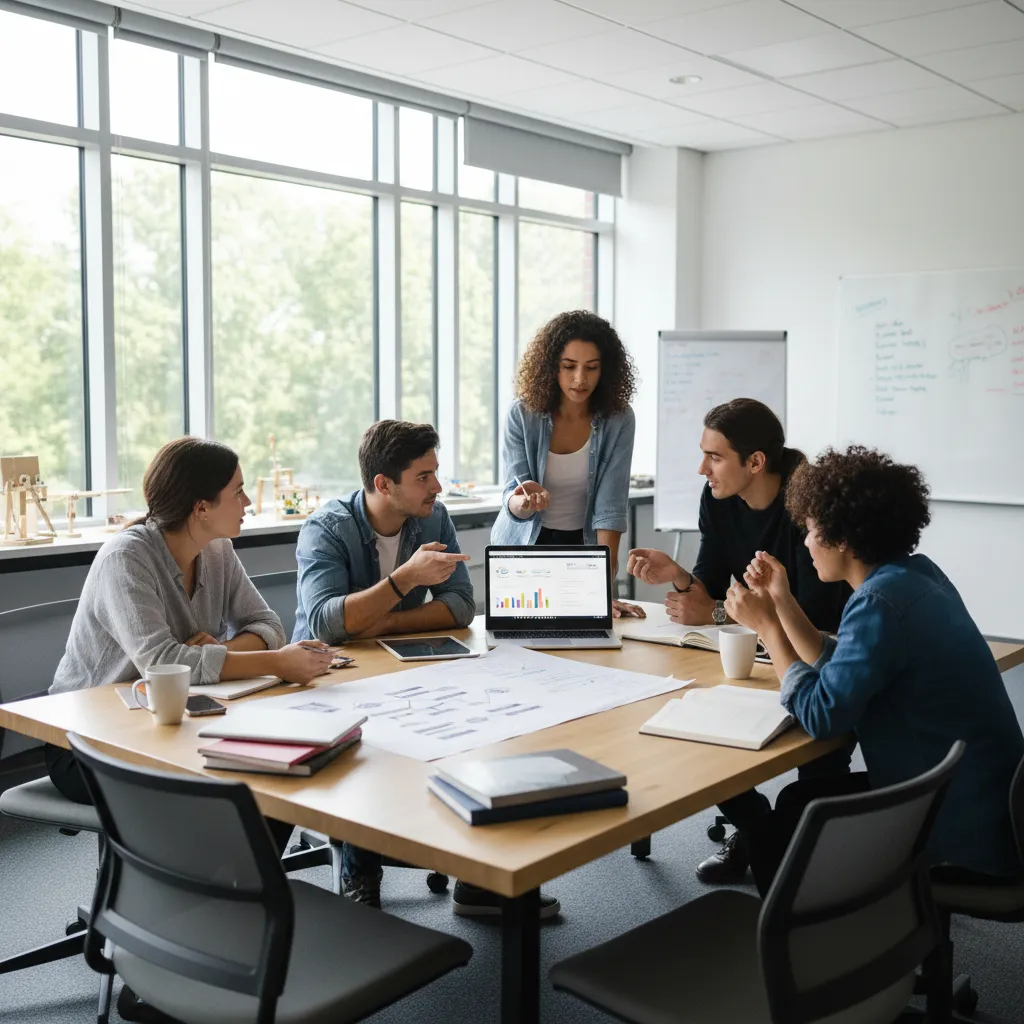A group of people discussing a project around a table with a laptop and papers