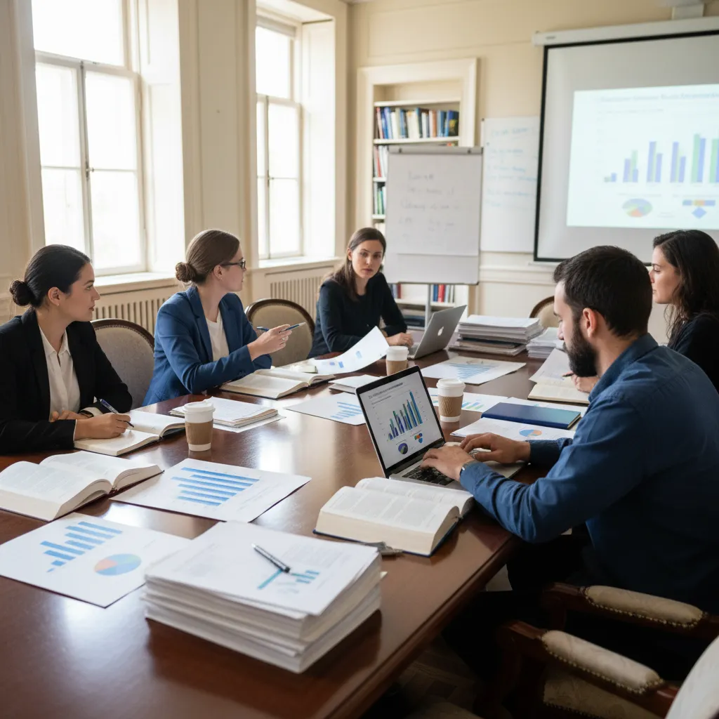 Equipo académico discutiendo resultados de investigación educativa