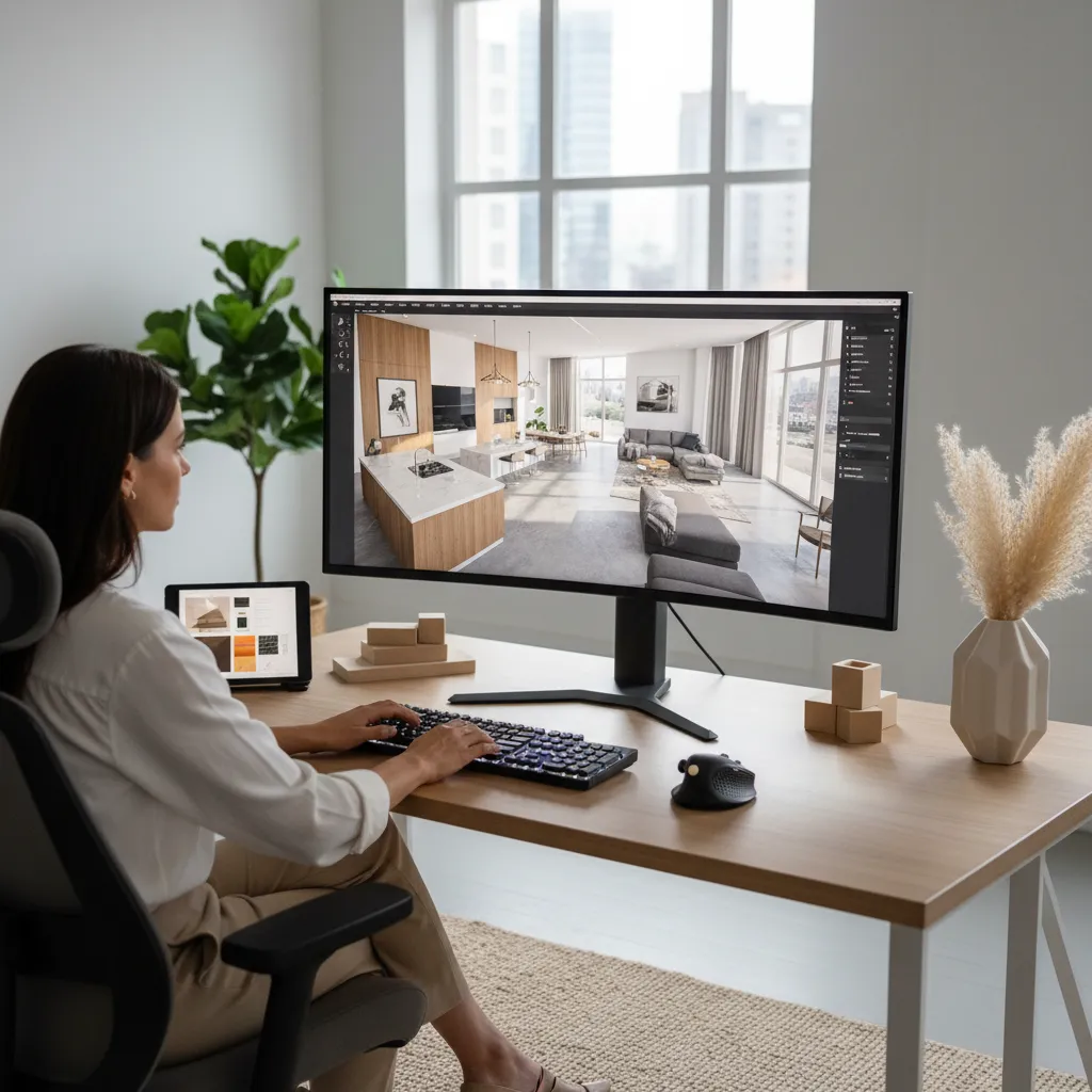 Woman sitting at wooden desk creating interior design drawing of modern living room and kitchen
