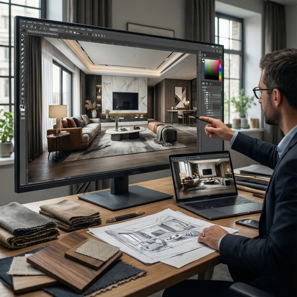 Diseñador de interiores analizando opciones de diseño en un estudio