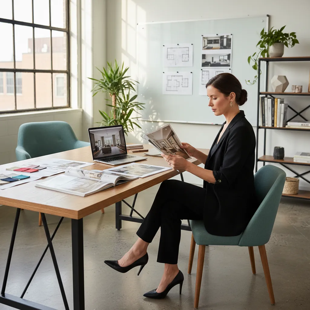 Diseñador de interiores revisando una revista de diseño en su estudio