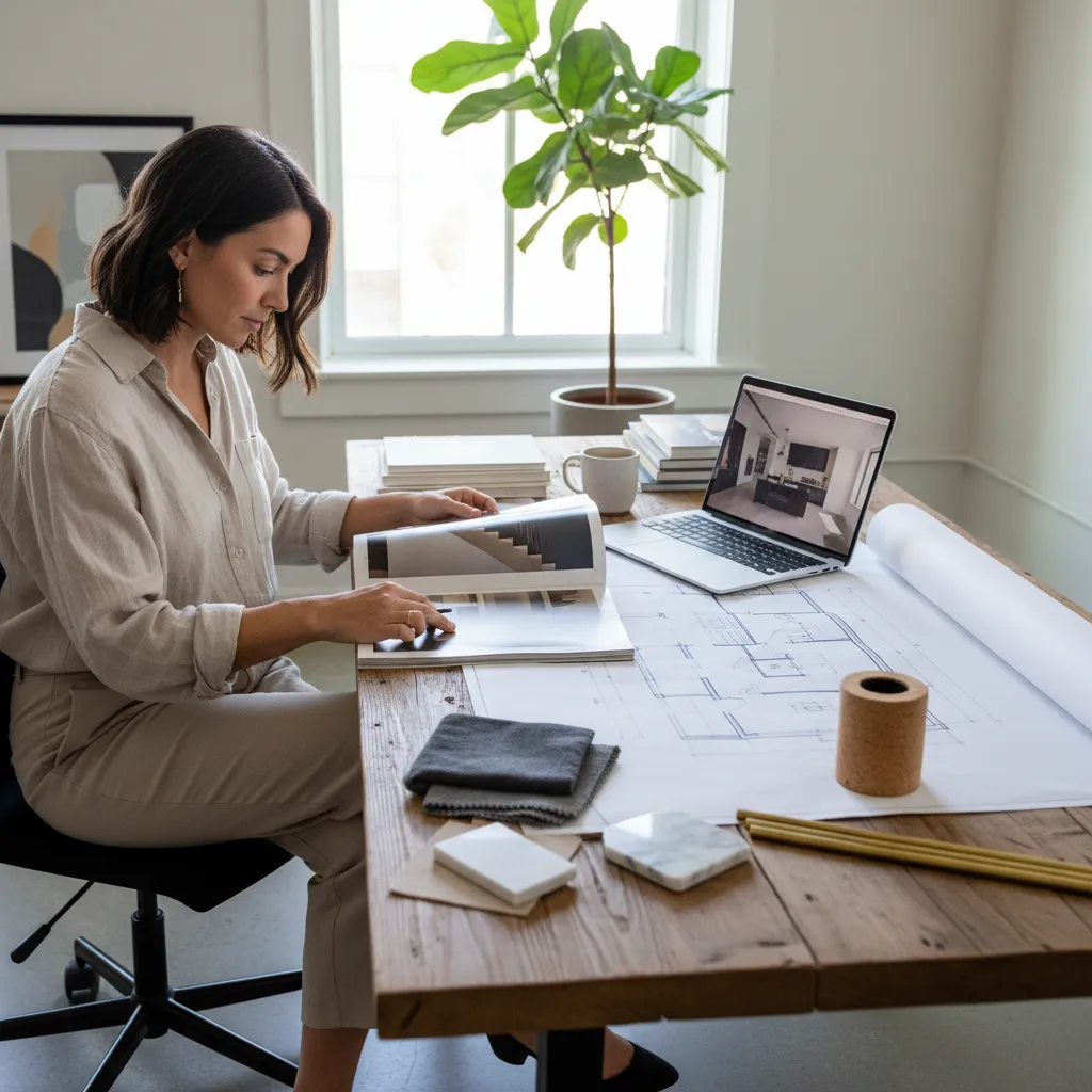 Diseñador revisando una revista de interiorismo en su estudio
