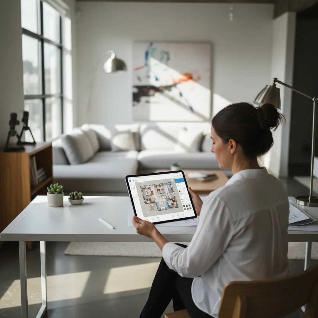 Woman sitting at white desk holding tablet showing 3D house floor plan in bright living room