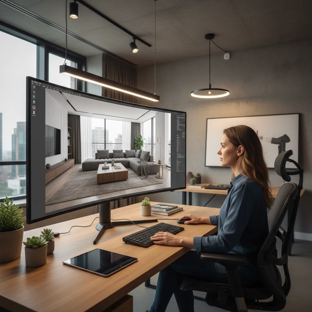 Diseñador creando un render 3D de un espacio interior en computadora