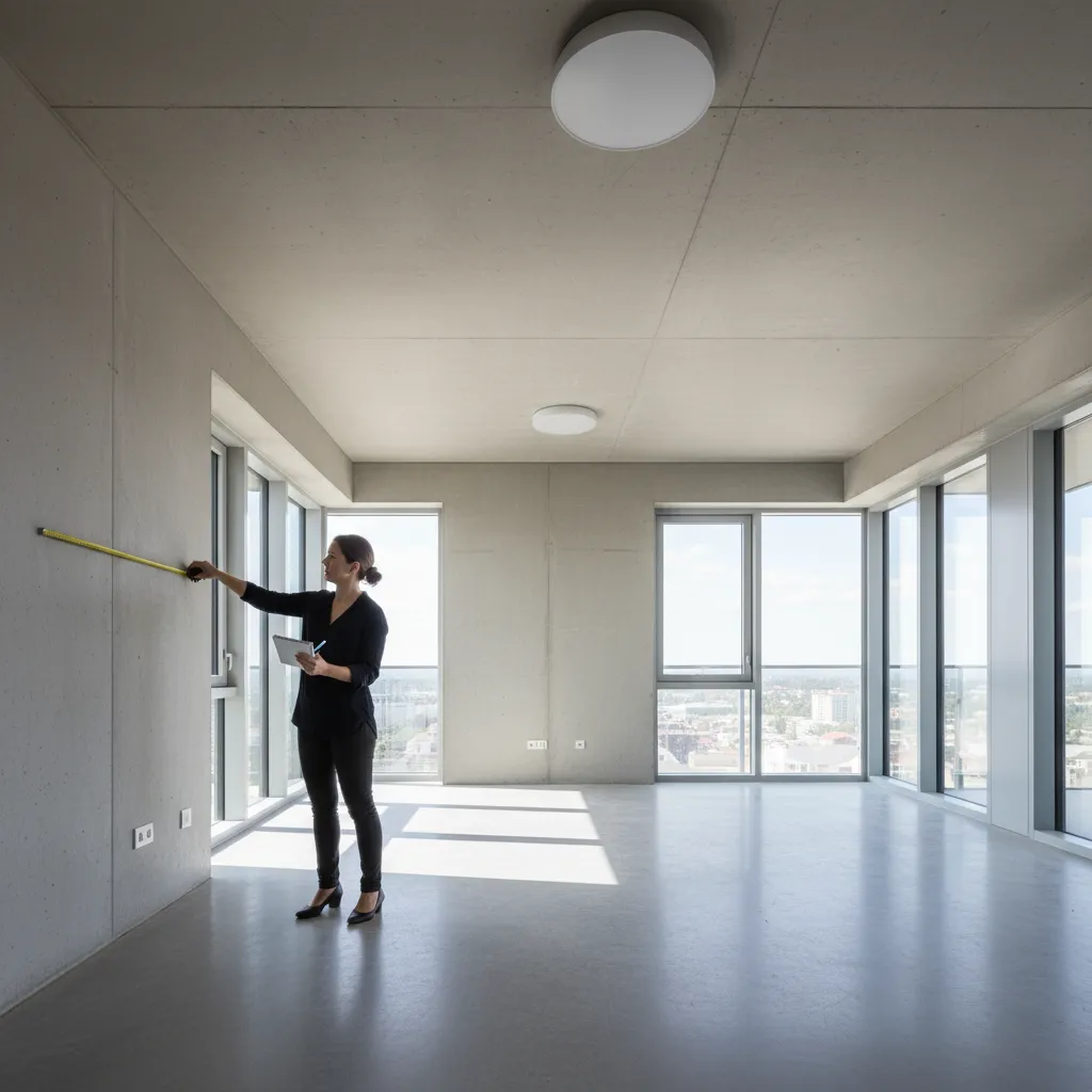 A woman uses a yellow tape measure on a wall inside an empty modern concrete room