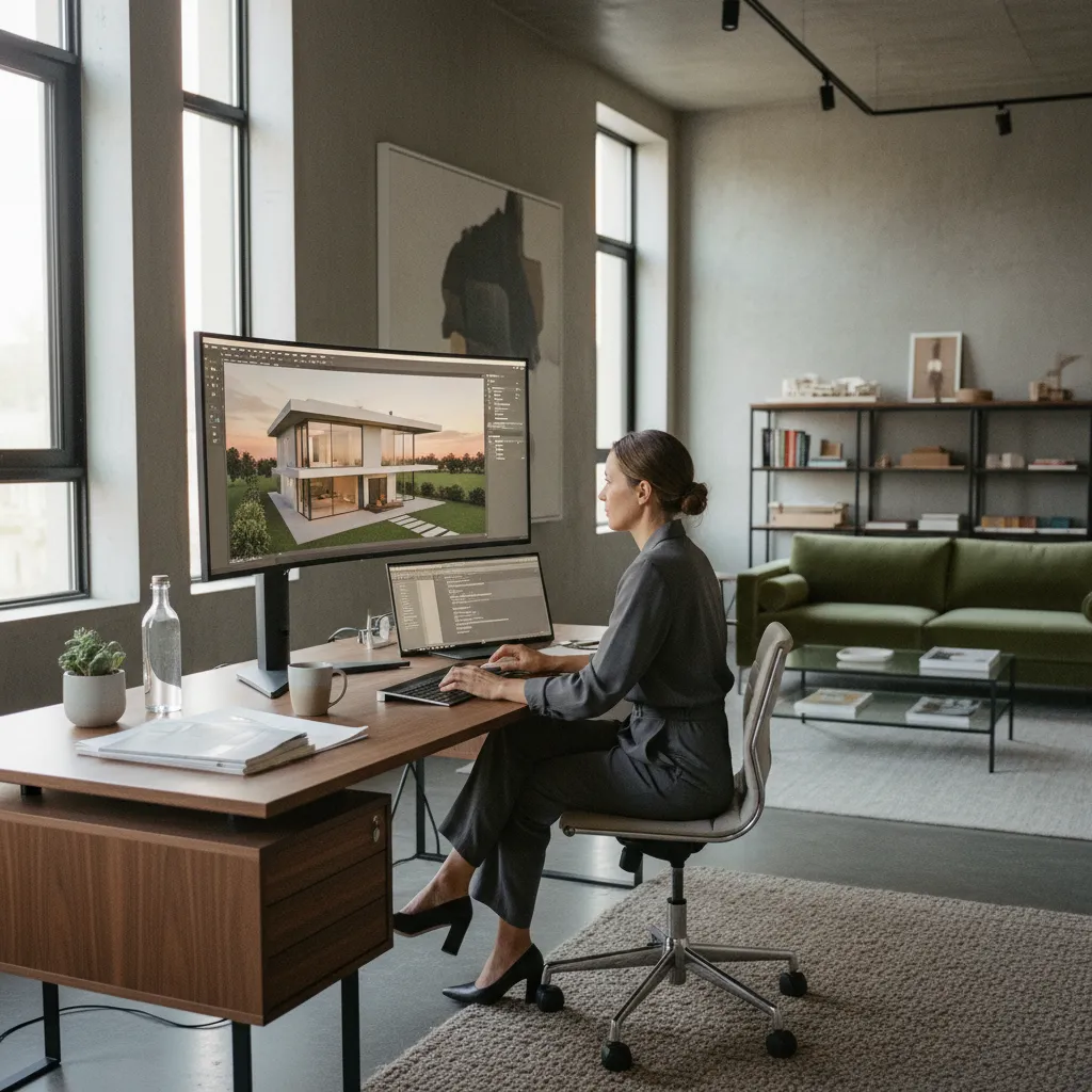 Woman working on computer showing 3D house model in a modern office with green sofa