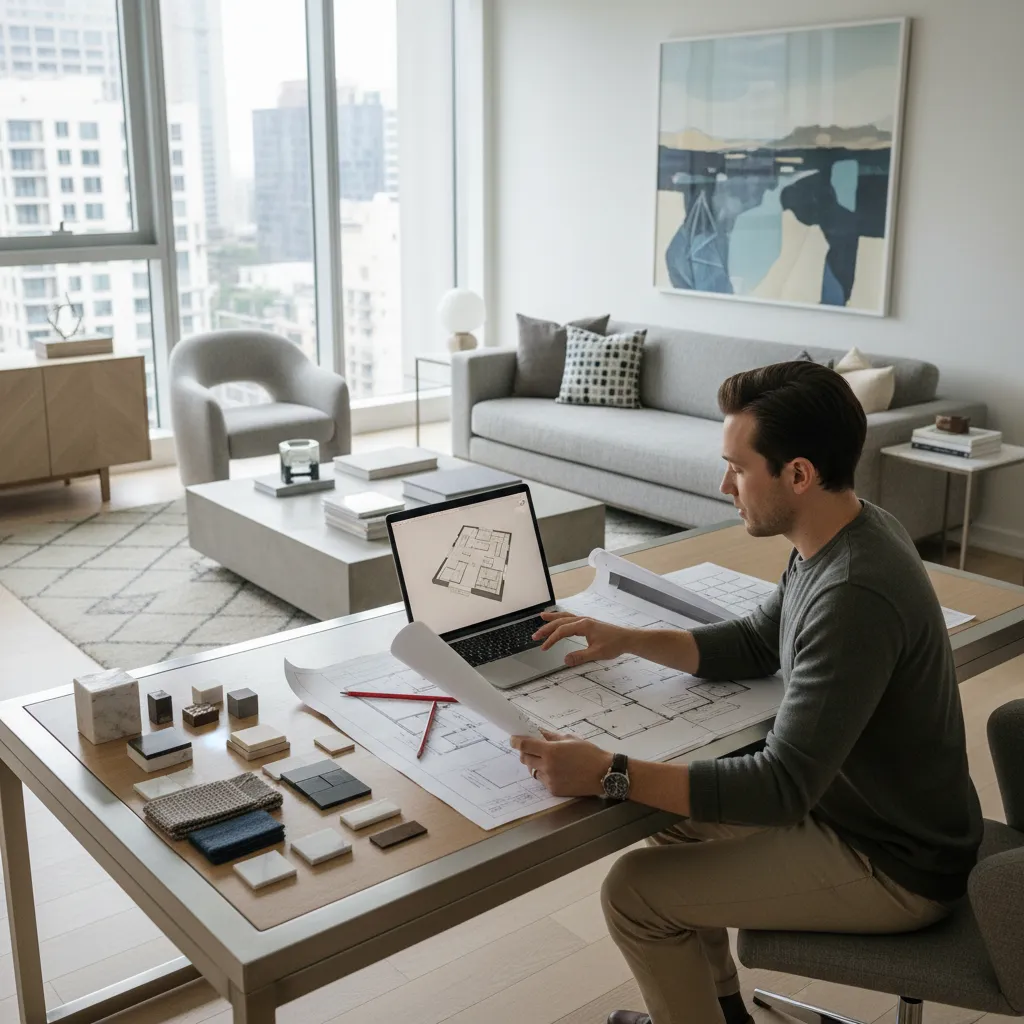 Interior designer working on laptop and floor plan drawings with material samples on the desk