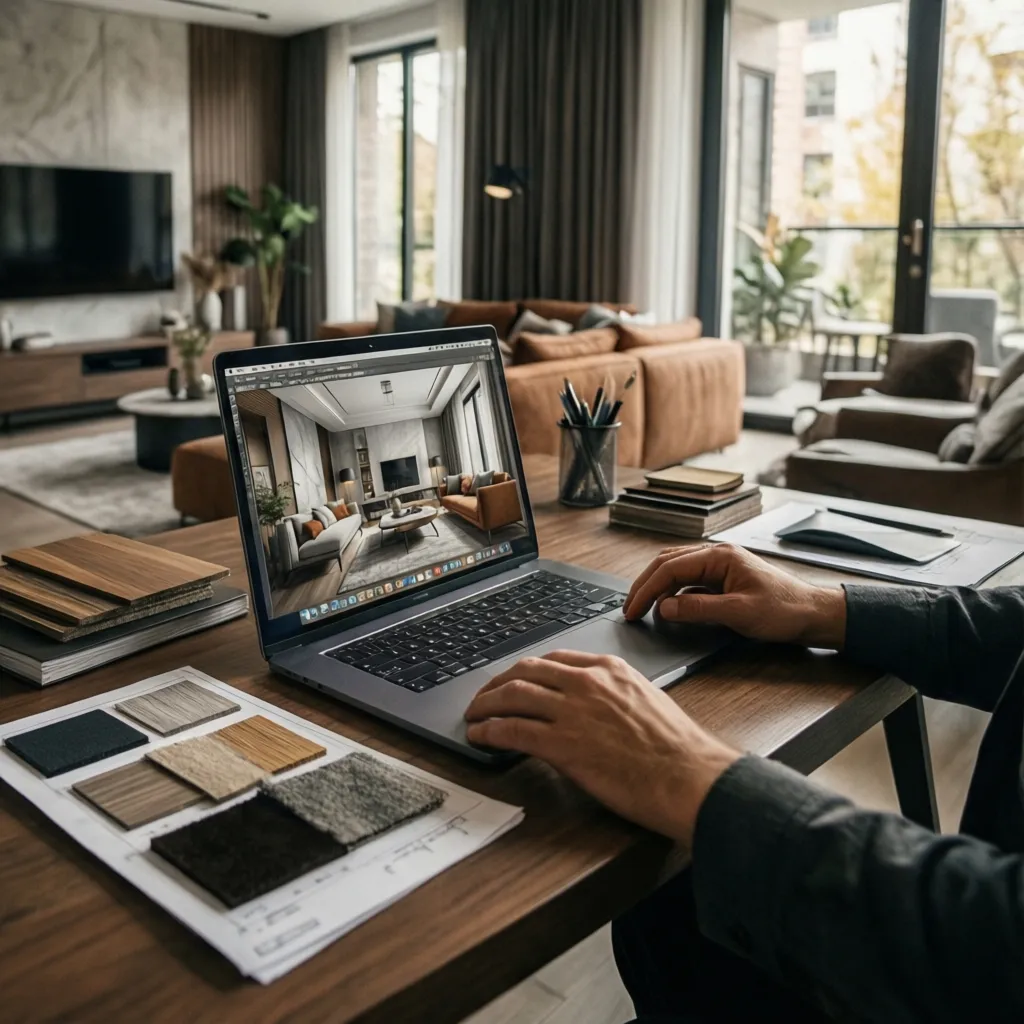 Diseñador de interiores freelance trabajando desde un estudio en casa