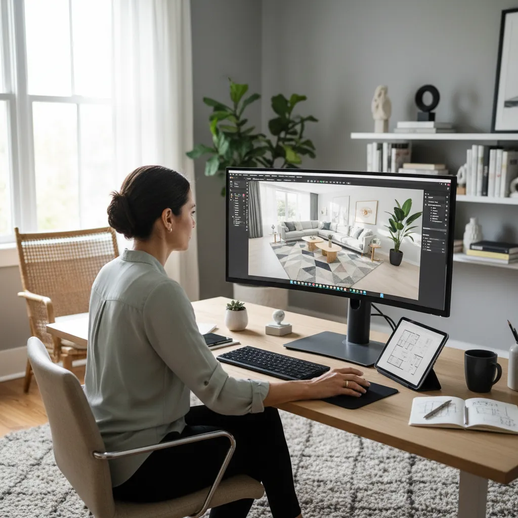 Diseñador de interiores trabajando desde casa con software de diseño
