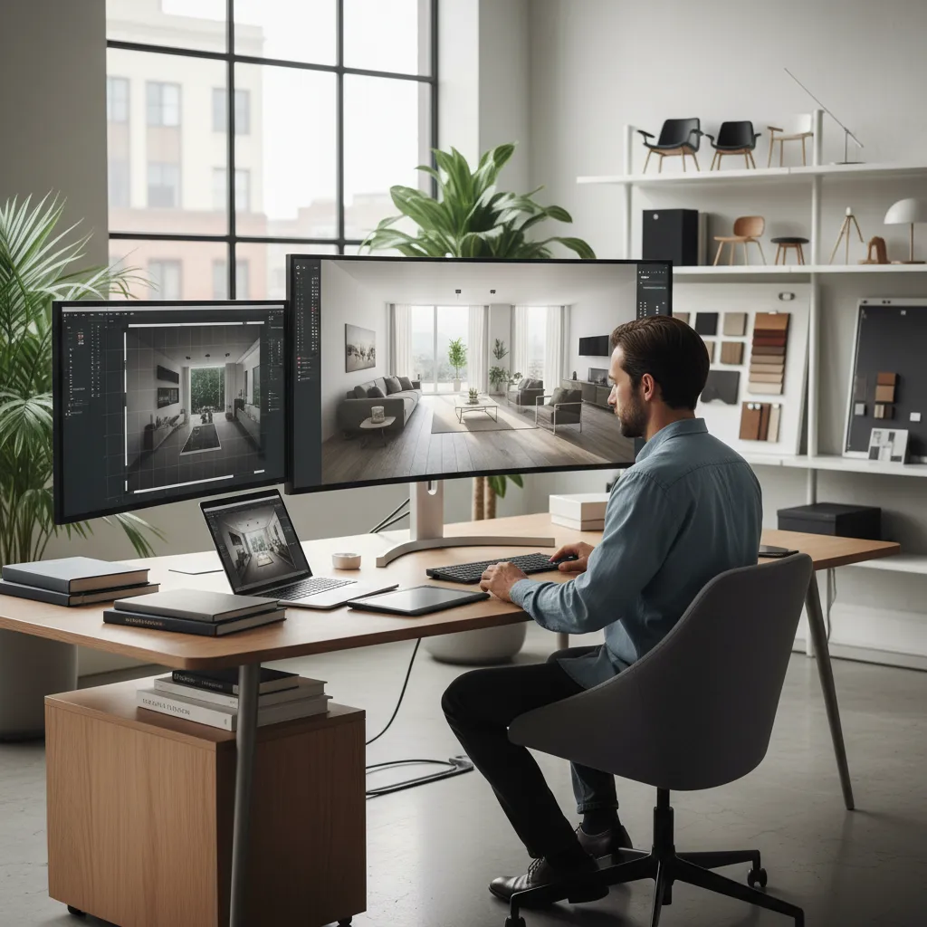 Profesional del interiorismo creando un modelo 3D de una vivienda