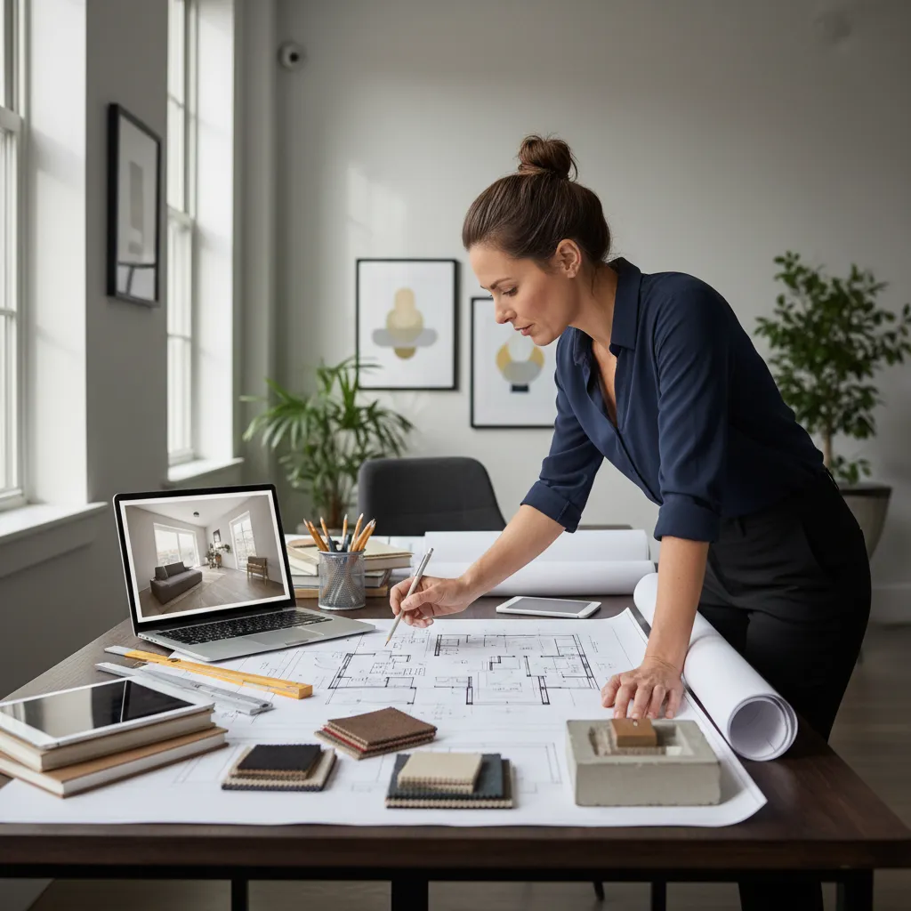 Diseñador revisando planos de interiorismo sobre una mesa de trabajo