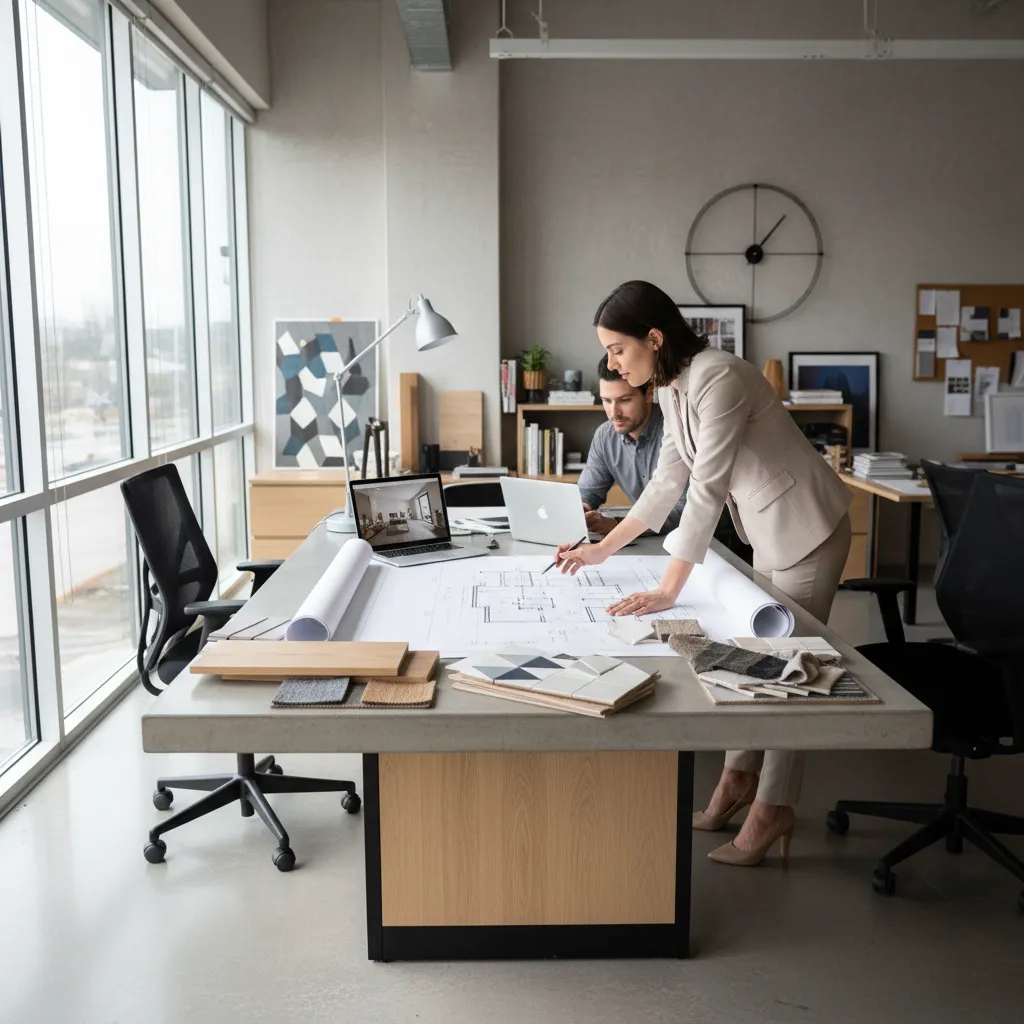 Diseñador de interiores trabajando con planos y muestras de materiales