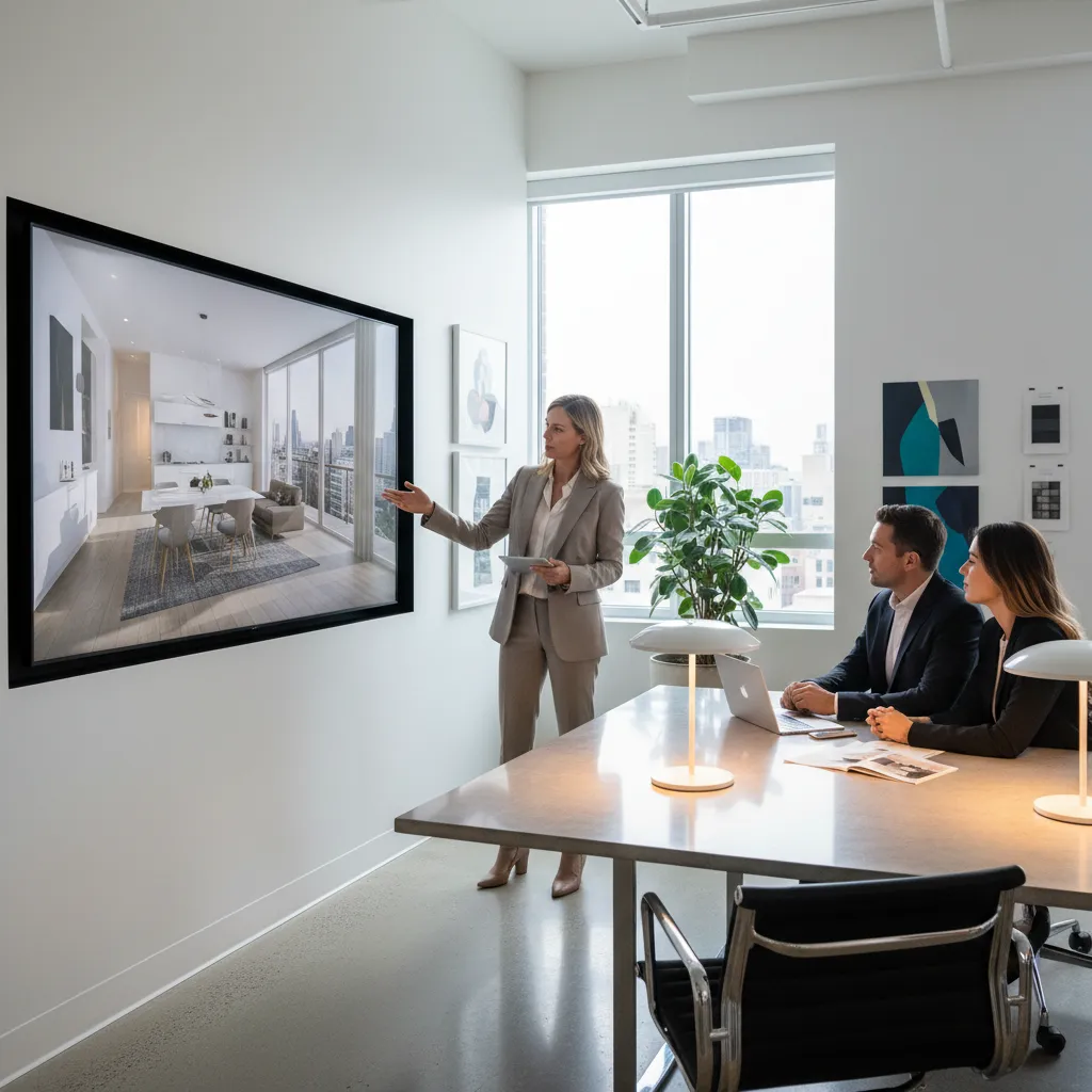 Diseñador de interiores presentando un proyecto 3D a un cliente