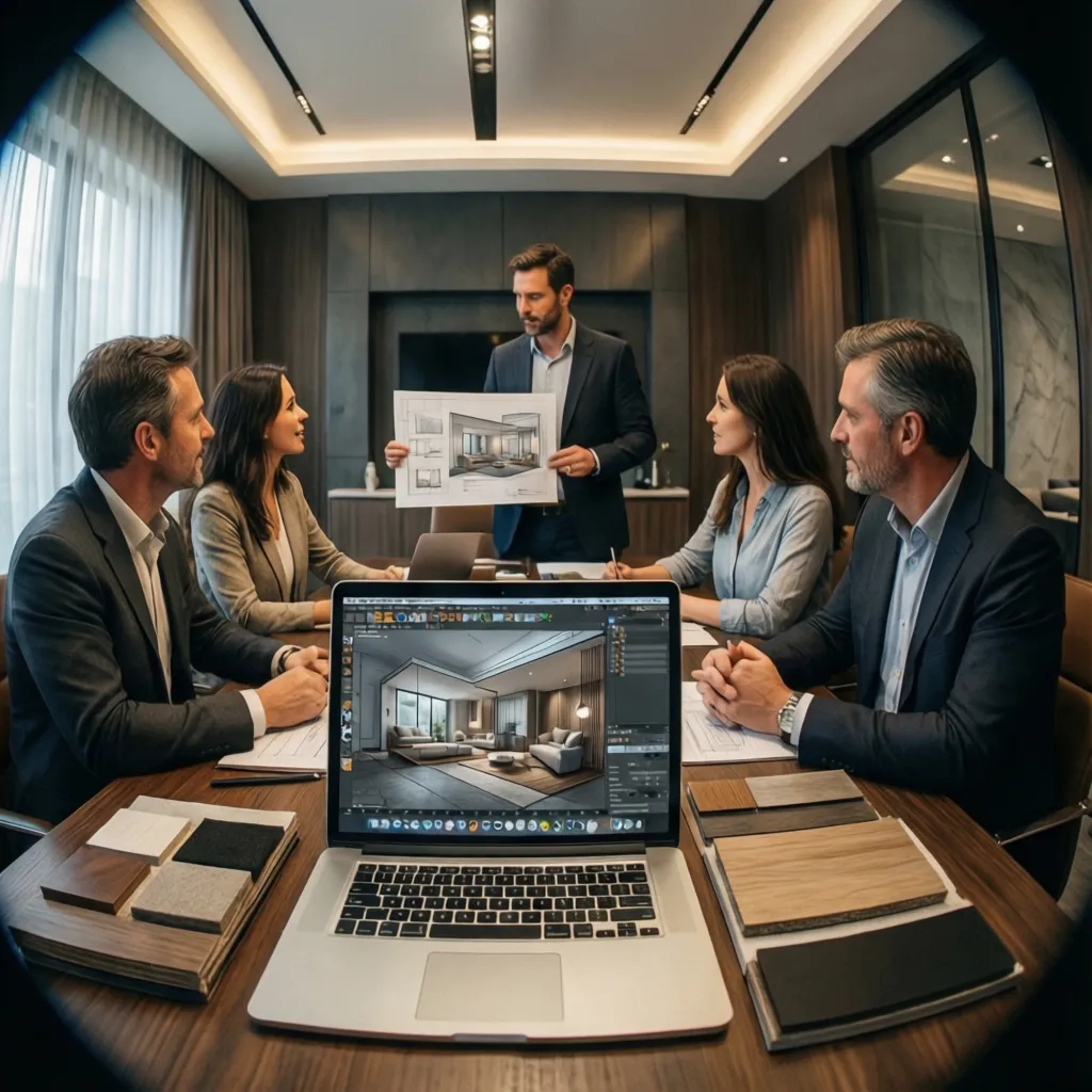 Diseñador de interiores presentando un proyecto a clientes