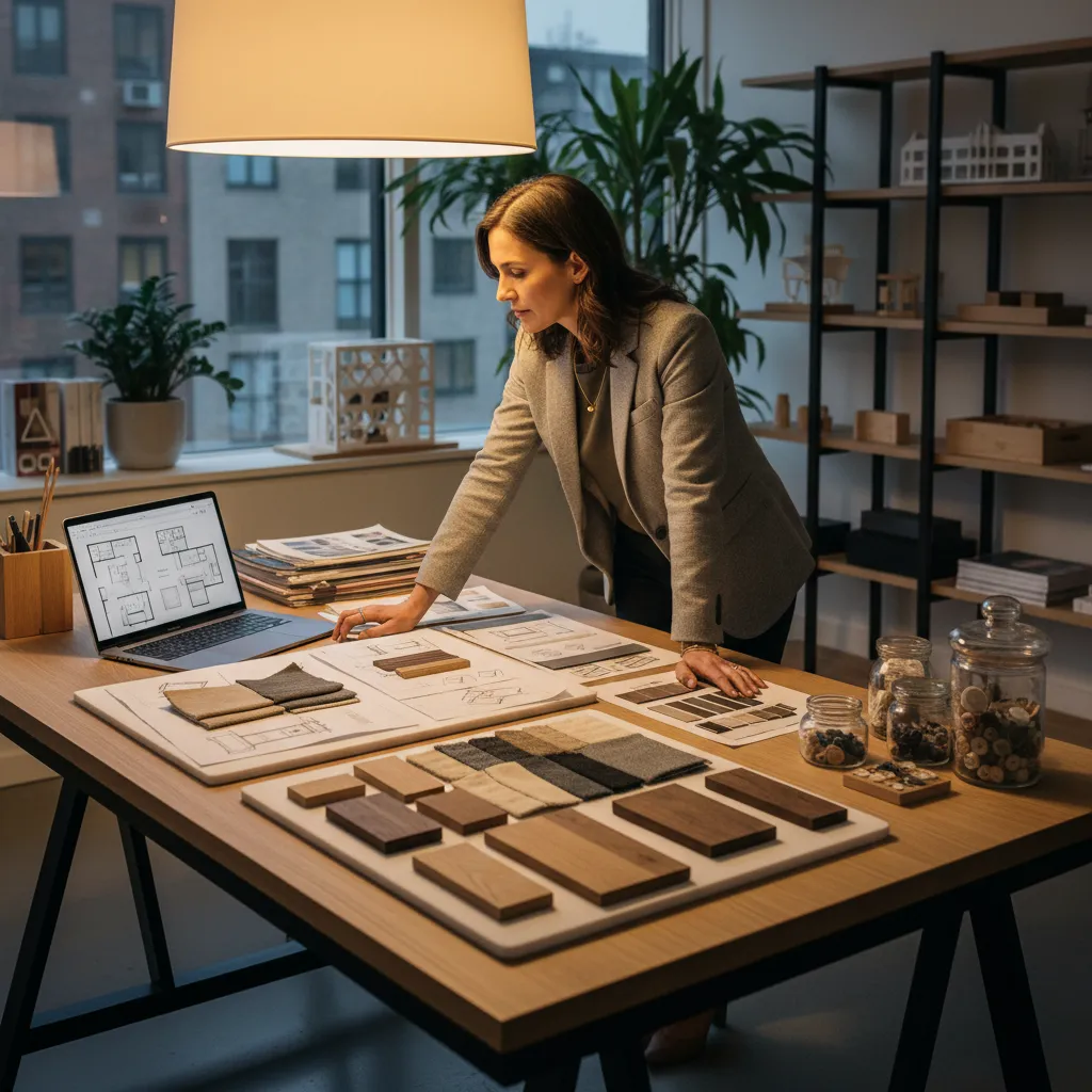 Diseñador de interiores trabajando en distribución y materiales de un salón