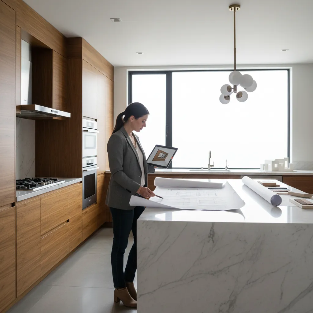 Woman in kitchen holding tablet while looking at paper room layout on white marble island