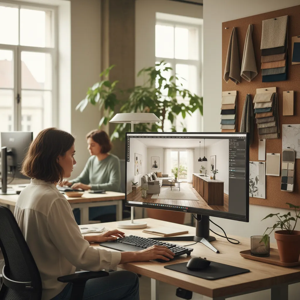 Diseñador de interiores trabajando en visualización 3D en un ordenador