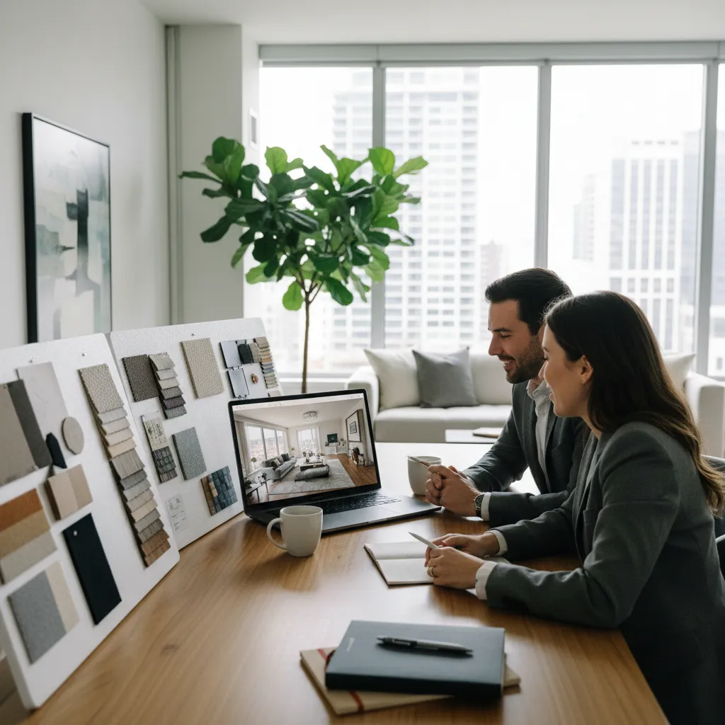 Diseñador de interiores presentando proyecto a clientes