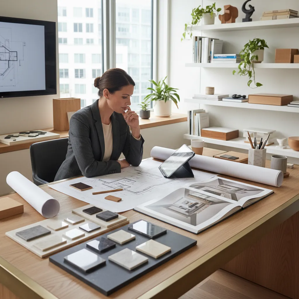 Diseñador revisando planos y renders de un proyecto residencial
