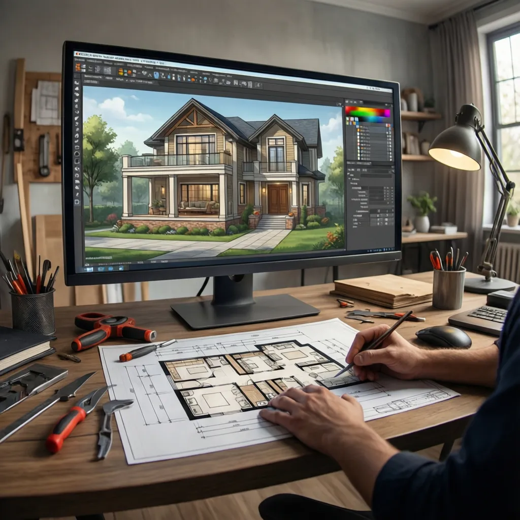 Diseñador de interiores trabajando con software de planificación de casas