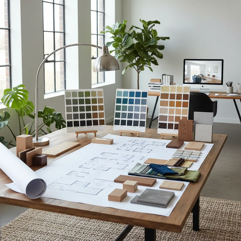 Diseñador de interiores trabajando con planos y muestras de materiales