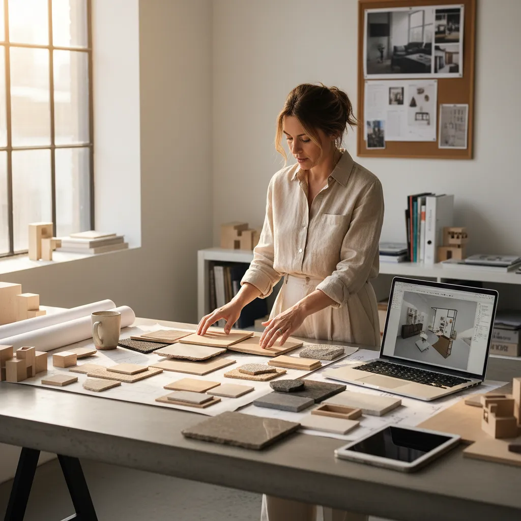 Diseñador de interiores trabajando con muestras de materiales y laptop