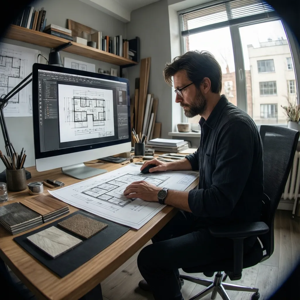 Male interior designer working on floor plan layout using computer and paper drawings at desk